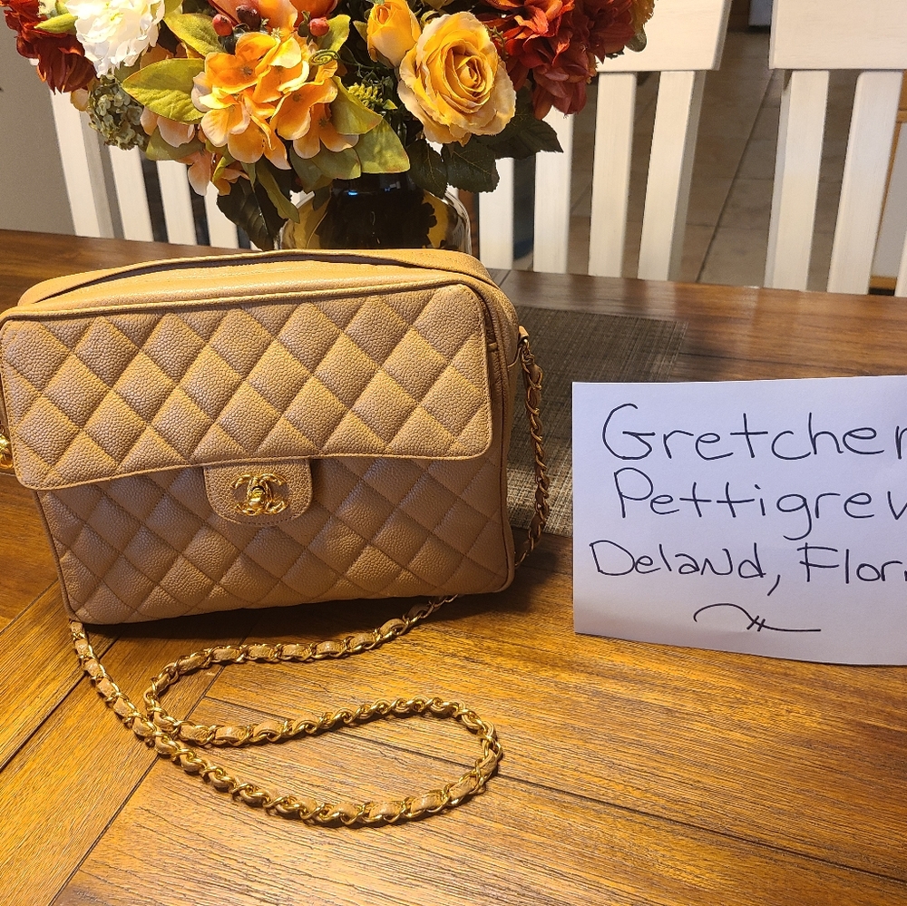 CHANEL Vintage Camera Bag with flap on chain with 24k GHW Beige Caviar Leather
